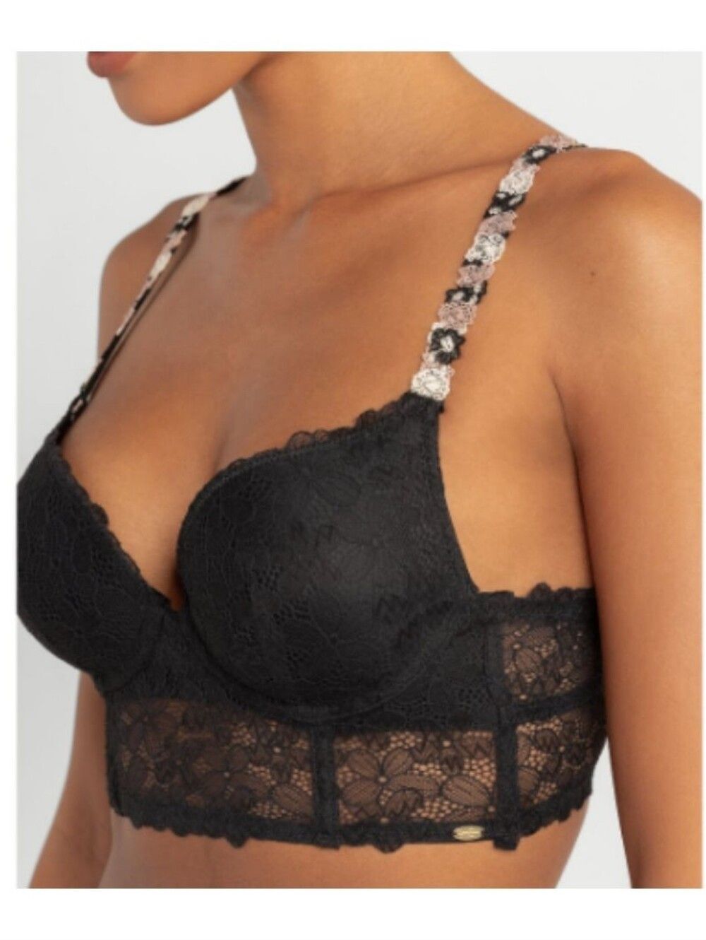 Jessica Simpson Embroidery Longline Black Lace Push-Up Bra